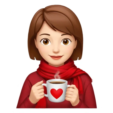 a middle age woman with brown short hair, having red scarf, drink coffee, enjoy sticker