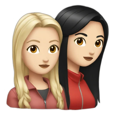 white girl with straight black hair, brown eye, she's wearing a red perfecto sticker