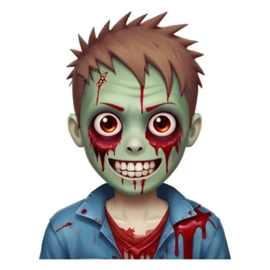 zombie boy with brown short spiky hair, white skin, and white eyes; an open smile, and bloodied teeth; sticker