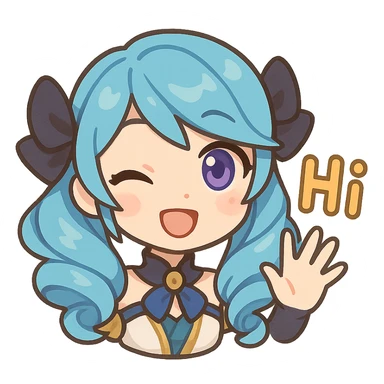 Gwen from League of Legends, chibi style, only head, hi emote, right eye purple, sample 2 sticker