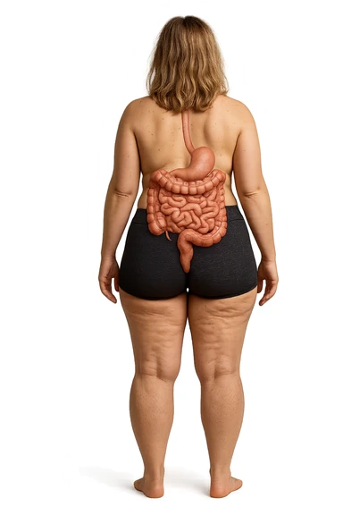una donna di spalle a figura intera in gym shorts con cellulite e intestino umano anatomico, iperrealistica 4k
 sticker