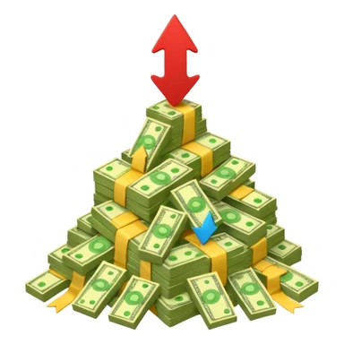 a pile of money with red arrow up sticker