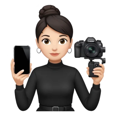 middle aged woman photographer with dark hair in a bun, wearing black clothes, carrying a canon r5 and an iPhone on a gimbal sticker