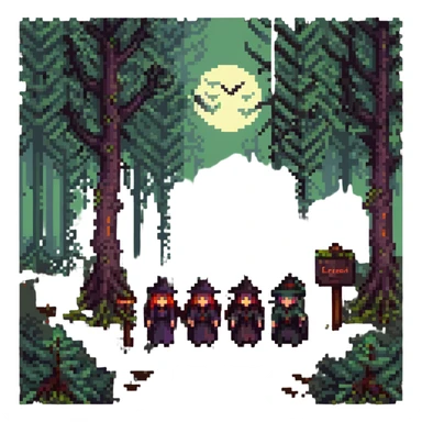 haunted forest with shadowy witches, cursed coven theme, pixel art style, with the text 'Cursed Coven' sticker