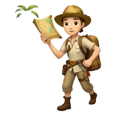 An icon featuring an adventurer in a dynamic action pose with treasure map, ancient ruins and jungle landscapes in the background. The design includes clues, hidden passages and climbing gear, symbolizing the thrill of exploration and discovery. Transparent background. sticker