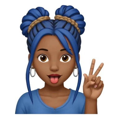 brown girl with dark blue dreads all in a bun with tongue out holding up middle finger sticker