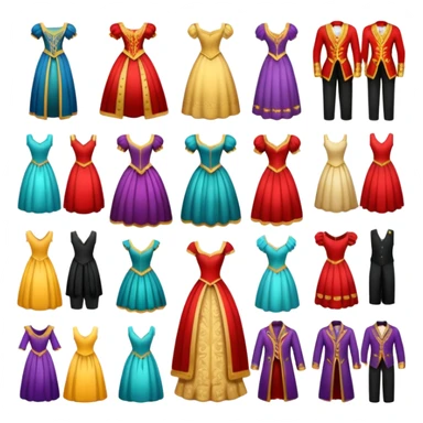 create a series of images for Theatre costumes Inventory showing a variety of costume styles without a person sticker