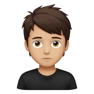 a light tan boy with messy dark brown hair. Wearing a black tshirt sticker