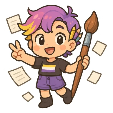 whimsical non-binary cartoon character with sketchbook colorful accessories radiating playful professional energy sticker