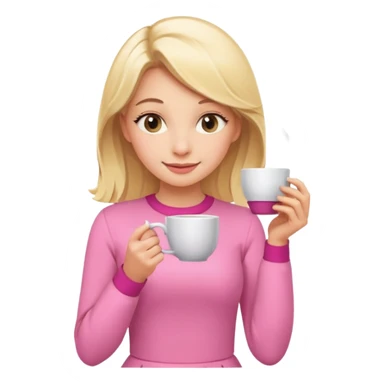 blonde girl with a sly smile, pink outfit, holding tea, gossiping sticker