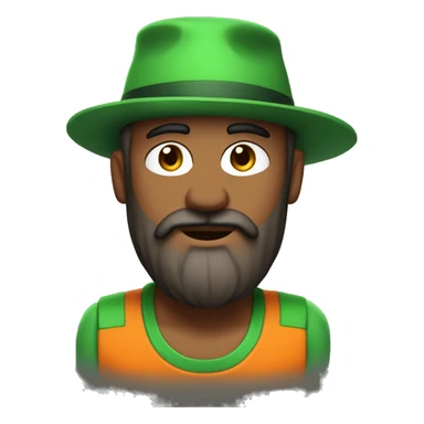A green-eyed, orange dress, hair on his chest, green hat, one eyebrow, extreme bearded person sticker