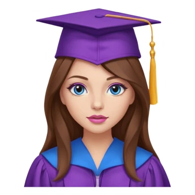 girl with gorgeous long brown hair, blue eyes, long lashes makeup, sexy pink lips, wearing a purple graduation cap and gown sticker