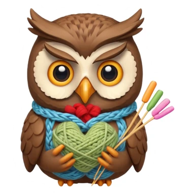 knitting owl portrait, head and shoulders only, cute owl holding knitting needles and yarn, cozy expression, warm handmade vibe, soft feathers, 3D cartoon style, mobile game icon style, clean background, no text, no watermark
 sticker