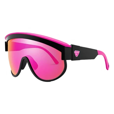 sporty neon pink shield visor sunglasses with thick black frame and integrated elastic strap, oversized one-piece mirrored lens, extremely durable design sticker