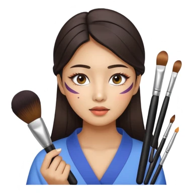 Korean woman applying makeup with various makeup tools, natural expression, bright lighting sticker