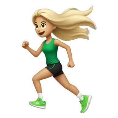 Girl with blond tail, in green sneakers, in black top and shorts running sticker