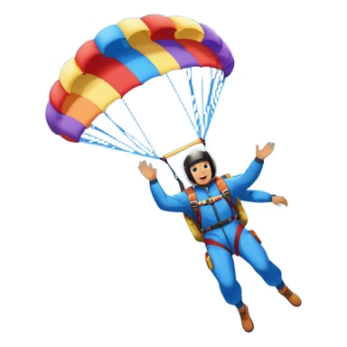 A skydiver free-falling through the sky, with a brightly colored parachute open above them. The background features a vast blue sky dotted with fluffy clouds, birds soaring nearby, and a plane flying off in the distance, emphasizing the thrill and freedom of the sport. sticker