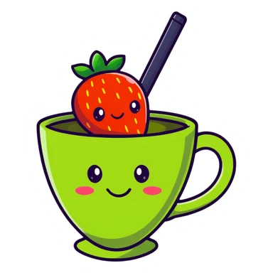 cute cartoon strawberry green tea in a cup with a smiling face sticker