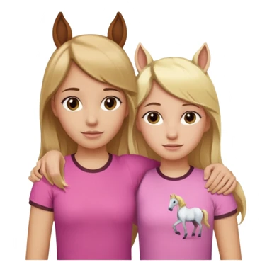Two Girls with their arms around each other at summer camp one blonde one brown hair brown hair wearing pink horse shirt no horse ears sticker
