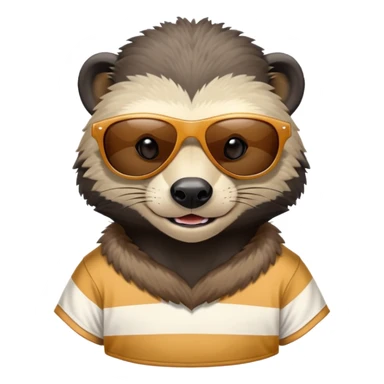 friendly anthropomorphised honey badger, close crop showing head, neck, and top of t-shirt with a striped design, wearing sunglasses sticker