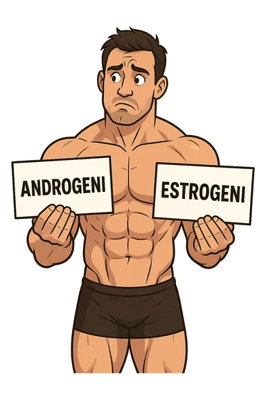 BODYBUILDER CHE TIENE LA SCRITTA "ANDROGENI" NELLA MANO DESTRA E LA SCRITTA "ESTROGENI" NELLA MANO SINISTRA, ESPRESSIONE DUBBIOSA IN VOLTO sticker