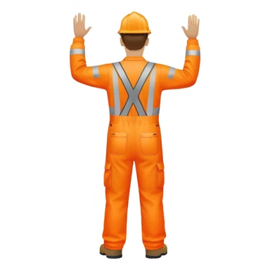 man standing facing away, wearing orange hi visibility overalls  with one arm raised sticker
