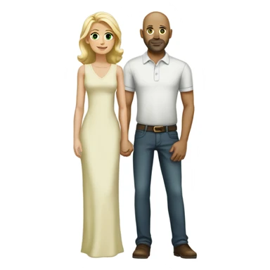 A tall bald man , brown eyes, with a short beard stand with his arm around a woman with long blonde hair , green eyes sticker