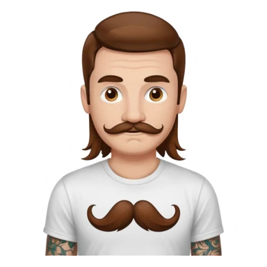 A DEVELOPER WITH A laptop, USING t-shirt, long hair, mustache, tattoo, piercing sticker