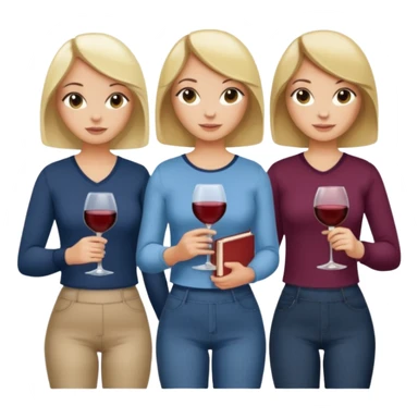 4 gals from the waist up in a casual top, each holding books and a wine glass. One has a blonde bob, one has a brunette bob, one has blonde long hair, and one has brunette long hair. sticker