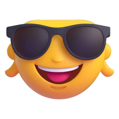 3D emoji of a person with a big smile and sunglasses, joyful expression, 'Enjoy' style sticker