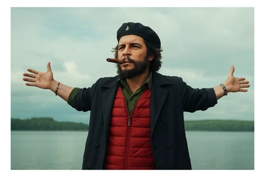 Сгенерируй мне в такой же позе и в такой же одежде Че Гевара и с сигарой в зубах, без надписей и слов sticker