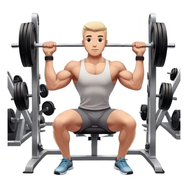 A focused athlete working out on a strength training machine in a modern gym. Muscles engaged, expression determined, demonstrating power and endurance. The gym is filled with equipment like dumbbells, barbells, and mirrors reflecting effort, creating a high-energy atmosphere. sticker