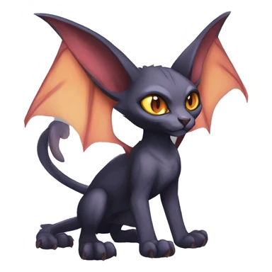 Black cool vampiric Noivern-Litten-Sphynx-Lykoi-Caracal-Fakemon with big bat ears full-body sticker