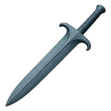 Recolor this weapon to match the blueish-gray steel color and ornate engravings of the reference helmet. Emphasize the cool metallic finish and detailed engravings, matching the helmet exactly. Transparent background. The style should reflect a cool metallic look with detailed engravings as seen in the helmet reference. sticker