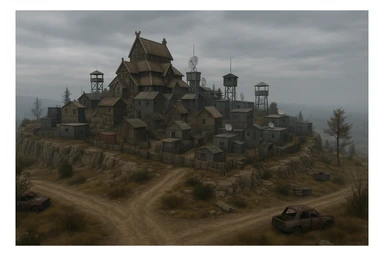 A small hilltop mesa city in the videogame dayz, screensot, based on whiterun but with modern DayZ architecture  sticker