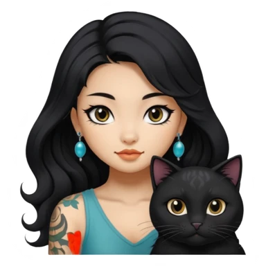 a pretty beautiful Chinese girl with long black  Big Wave hair and tattoos and a black round faced cat and black eyes sticker