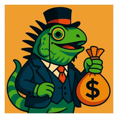 an iguana dressed as a wealthy capitalist, wearing a top hat, monocle, and suit, holding a money bag, in a fun and expressive style sticker