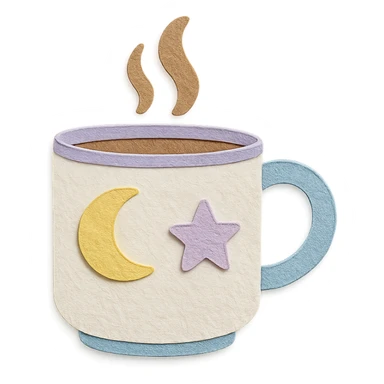 coffee cup with pastel moon and star doodles, hand-drawn style sticker