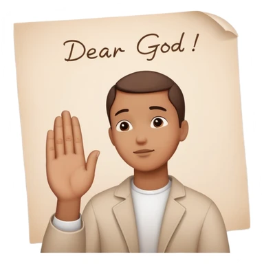 Person with praying hands next to paper with "Dear God" written on it sticker