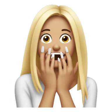 Girl laughing with long nails hand covers her mouth to hide laugh sticker