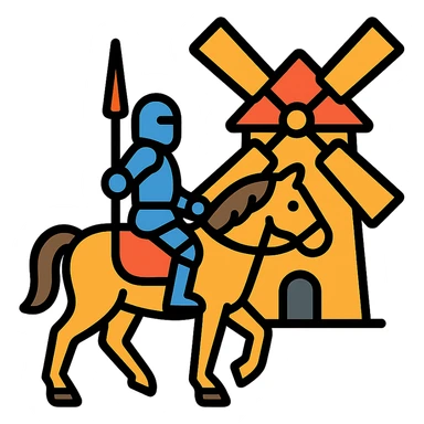 knight on horseback in front of windmill, color outline icon style, clean lines, colorful sticker