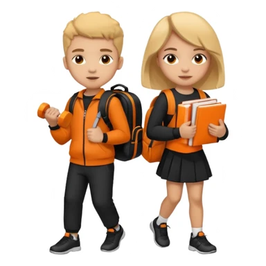 light skin students girl and boy with school bag full of books on back and dumbell in hand. Clothes are in black and orange colours  sticker