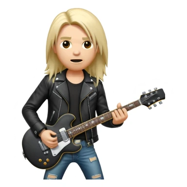 3D Apple-style emoji of a metal musician. Long hair, black leather jacket, ripped jeans, holding an electric guitar. Intense expression, glossy, rounded, smooth, soft shadows, white background.









 sticker