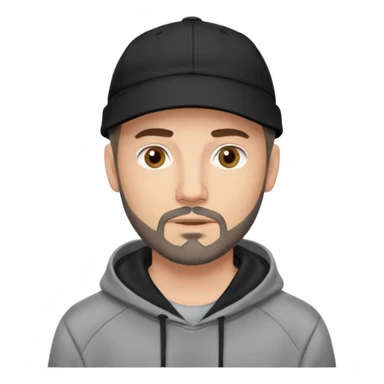 Hombre de ojos claros, con barba fina y perilla, gorra negra bordada, y sudadera gris. Expresión relajada y estilo urbano. sticker