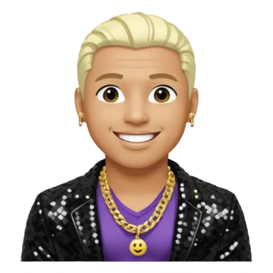 Sisqó with platinum blonde hair, black sequin jacket, shirtless with necklace sticker