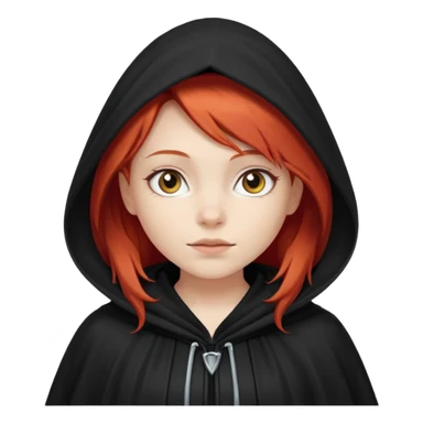 white-skinned girl with red hair wearing a black cloak with a hood sticker
