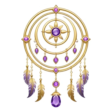 Epic beautiful gorgeous cute gold suncatcher, threads with shiny sparkly amethyst gemstones, flowers, crescents-moons, stars, gold Feathers  sticker