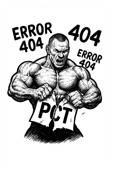 bodybuilder che strappa un foglio con la scritta "PCT" INTORNO A LUI FLUTTUANO LE PAROLE "ERROR 404" sticker