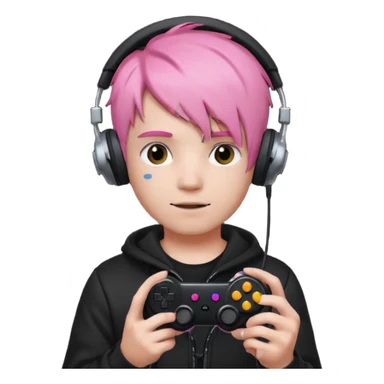 pink haired boy with headphones holding all black game controller sticker