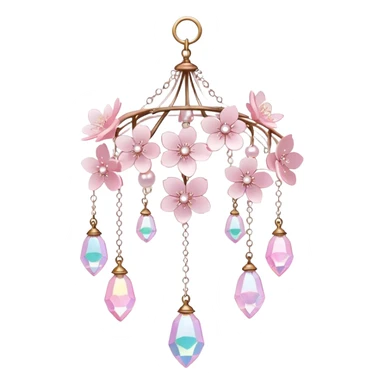 Hanging Iridescent pastel pink sakura crystals white-pearly suncatcher with a tiny bell chandelier sticker